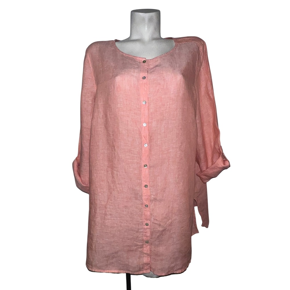 New TAHARI Linen Button Tunic Shirt Coral Pink Roll Tab Sleeve Plus Size 2X